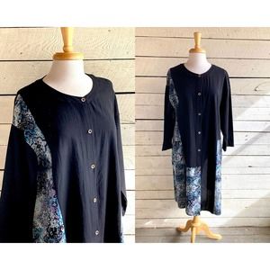 Blue and black patchwork cotton XL loose comfy dress A line button down print